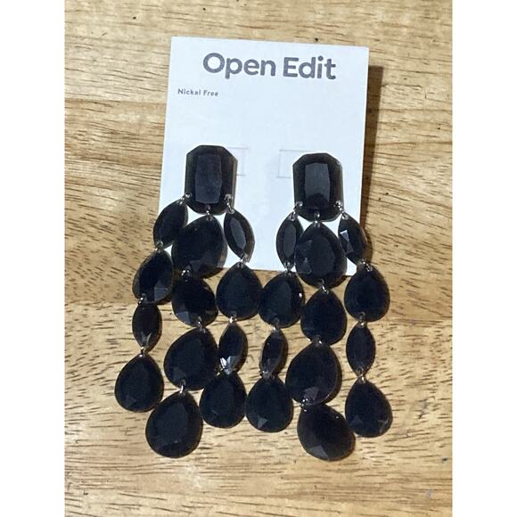 Open Edit Long Earrings Black Chandelier Dangling Festive Party Evening - Picture 1 of 3